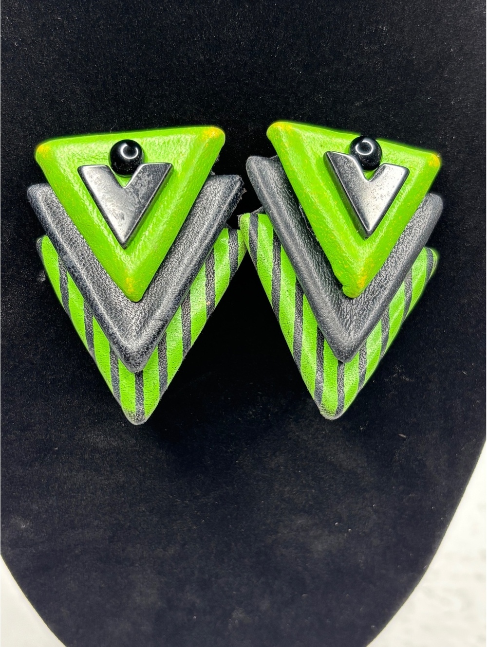 Vintage Faux Leather Green & Black Geometric Large Clip-on Earrings